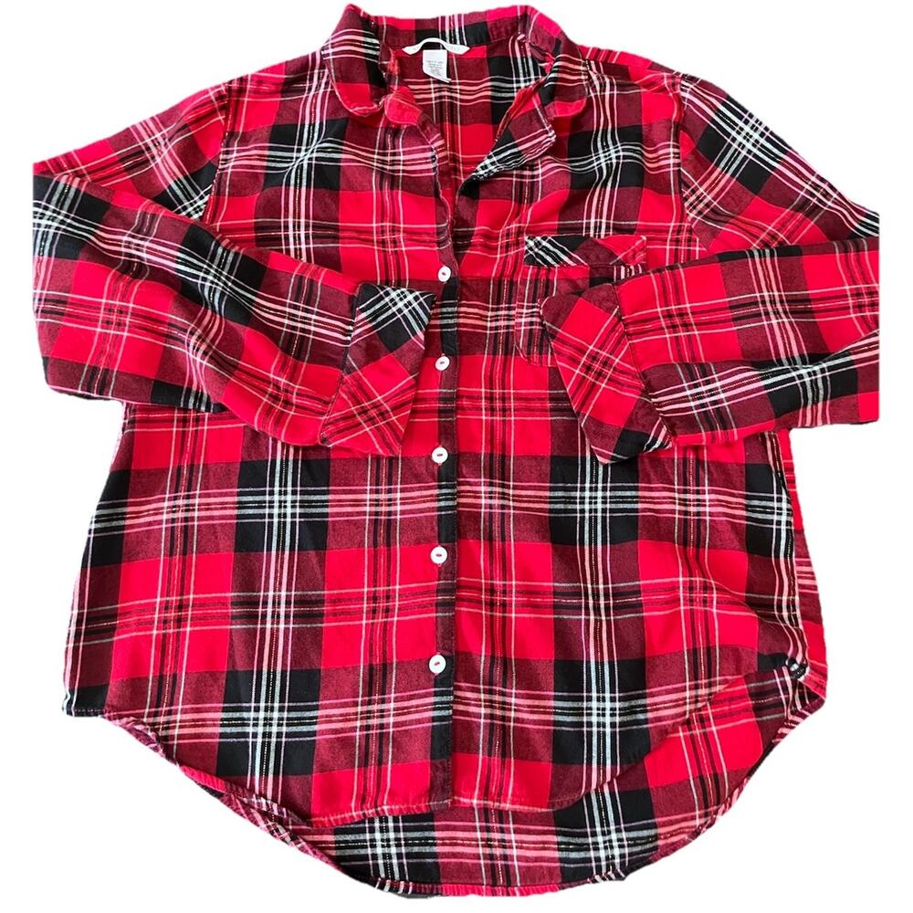 Victoria’s Secret Womens Red Plaid Flannel Sparkle Long Sleeve PJ Shirt Size Med
